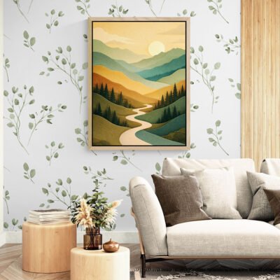 Flat Sunrise Mountain Wall Art  Minimal Nature Landscape  Calm Earth Tone Decor