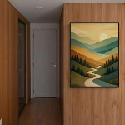 Flat Sunrise Mountain Wall Art  Minimal Nature Landscape  Calm Earth Tone Decor