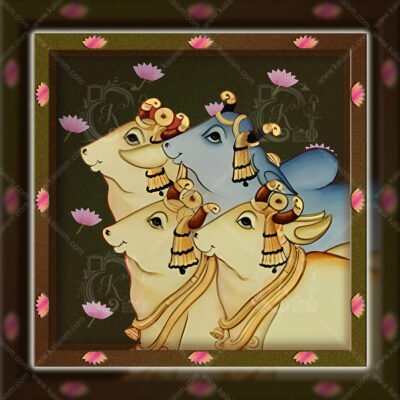 Four Sacred Cows in Pichwai Style | Minimal Indian Devotional Wall Art
