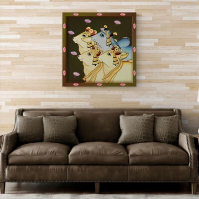 Four Sacred Cows in Pichwai Style | Minimal Indian Devotional Wall Art