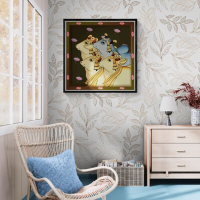 Four Sacred Cows in Pichwai Style | Minimal Indian Devotional Wall Art