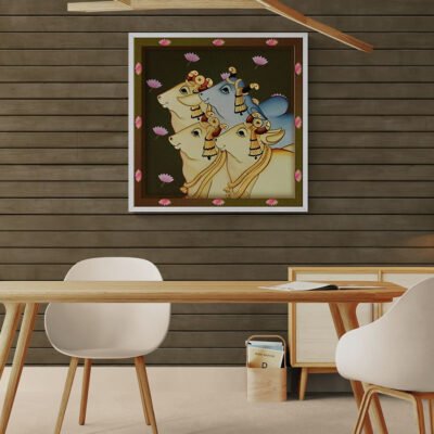 Four Sacred Cows in Pichwai Style | Minimal Indian Devotional Wall Art