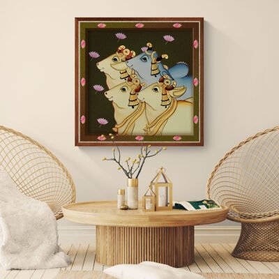 Four Sacred Cows in Pichwai Style | Minimal Indian Devotional Wall Art