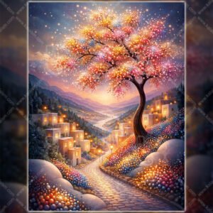 WE Glowing Blossom Tree Over Hillside Village – Dreamy Fantasy Landscape Wall Art 01 Glowing Blossom Tree Over Hillside Village | Dreamy Fantasy Landscape Wall Art