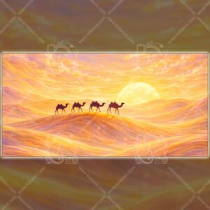 Golden Caravan at Sunset – Dreamy Camel Desert Wall Art Print 01 Golden caravan of four camels walking across glowing desert sand dunes at sunset, dreamy pastel sky landscape wall art