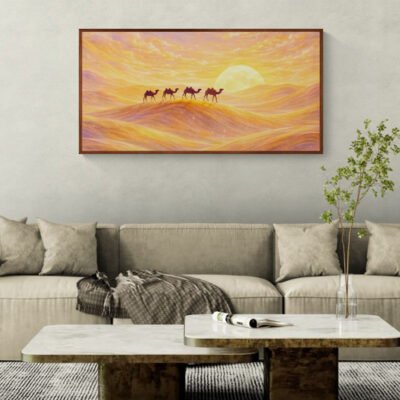 Golden Caravan at Sunset – Dreamy Camel Desert Wall Art Print 02 Golden camel caravan desert wall art framed above beige sofa in modern living room interior