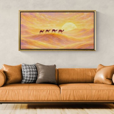 Golden Caravan at Sunset – Dreamy Camel Desert Wall Art Print 04 Panoramic camel desert sunset wall art framed above brown leather sofa in warm neutral interior