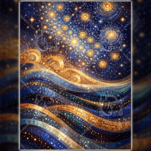 WE Golden Celestial Waves – Abstract Cosmic Night Art in Blue & Gold 01 Golden Celestial Waves - Abstract Cosmic Night Art in Blue & Gold