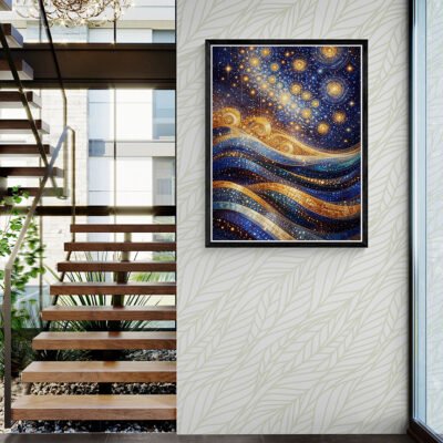 Golden Celestial Waves - Abstract Cosmic Night Art in Blue & Gold