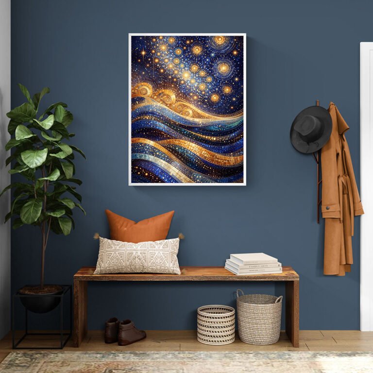 WE Golden Celestial Waves – Abstract Cosmic Night Art in Blue & Gold 05