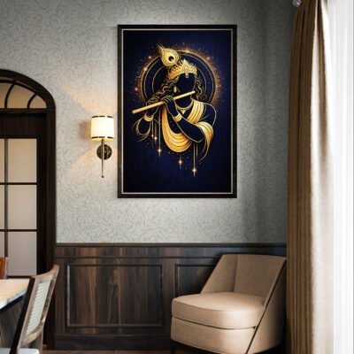 Golden Krishna Minimalist Wall Art | Divine Flute Silhouette WALL ART