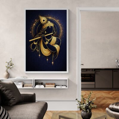 Golden Krishna Minimalist Wall Art | Divine Flute Silhouette WALL ART