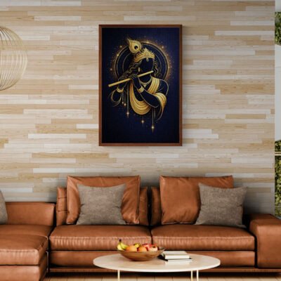 Golden Krishna Minimalist Wall Art | Divine Flute Silhouette WALL ART