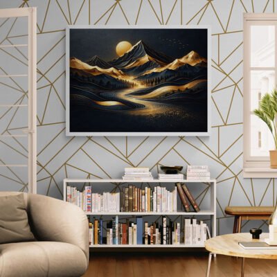 Golden Mountain Wall Art  Luxury Nature Landscape  Modern Vastu Inspired Decor