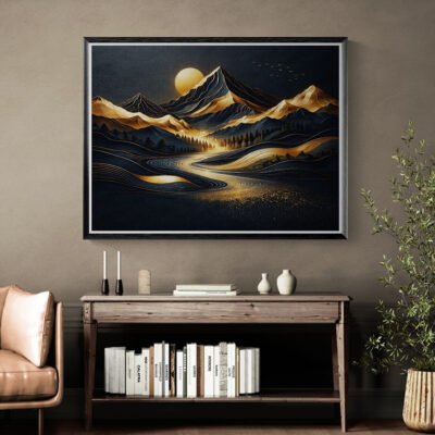 Golden Mountain Wall Art  Luxury Nature Landscape  Modern Vastu Inspired Decor