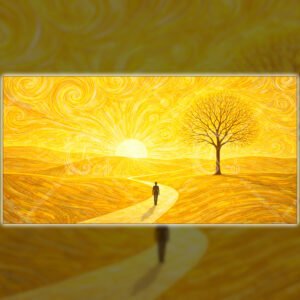 Golden Path of Solitude – Minimalist Yellow Landscape Wall Art Print 01 Minimalist yellow landscape wall art featuring lone figure walking toward glowing sun with tree and swirling golden sky