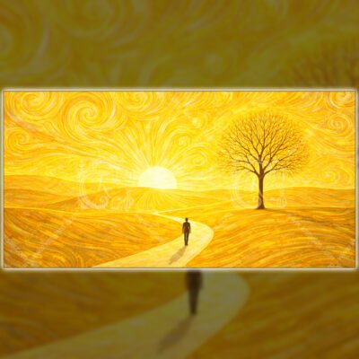 Minimalist yellow landscape wall art featuring lone figure walking toward glowing sun with tree and swirling golden sky