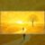 Minimalist yellow landscape wall art featuring lone figure walking toward glowing sun with tree and swirling golden sky