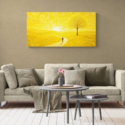 Golden sunset minimalist canvas art displayed above neutral sofa in modern home interior