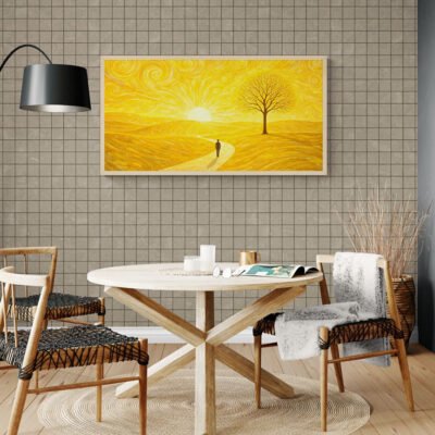 Minimalist yellow landscape wall art framed above wooden dining table in modern dining room