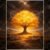 Glowing golden tree in dramatic fantasy landscape with dark clouds and radiant light