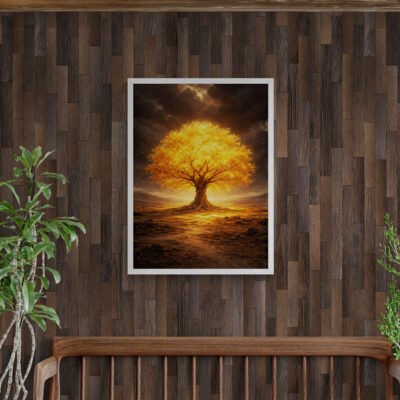 Golden tree fantasy wall art framed on wooden panel wall above bench