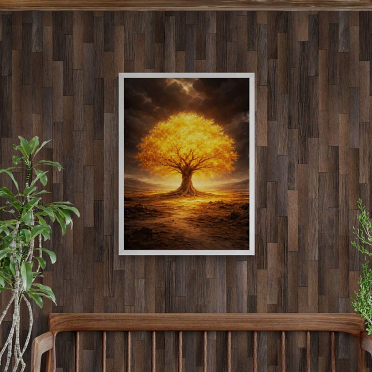 Golden tree fantasy wall art framed on wooden panel wall above bench