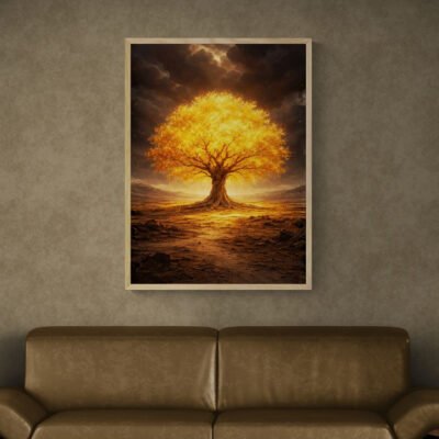 Framed golden tree landscape art above brown leather sofa