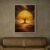 Framed golden tree landscape art above brown leather sofa