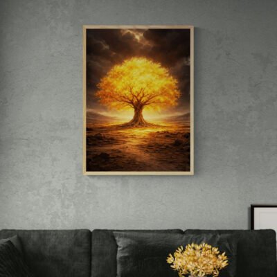 Golden tree wall art on textured grey wall with floral accent below