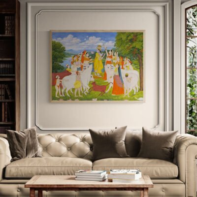 Krishna Among Sacred Cows ? Traditional Indian Miniature Devotional Art Print