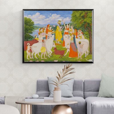 Krishna Among Sacred Cows ? Traditional Indian Miniature Devotional Art Print