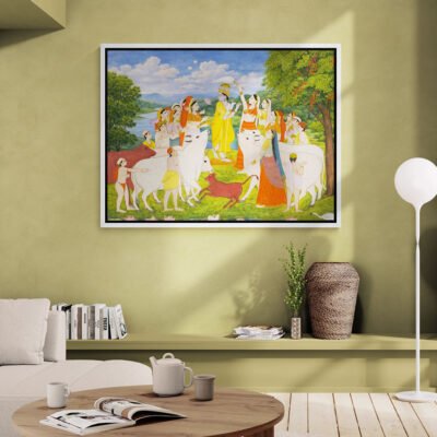 Krishna Among Sacred Cows ? Traditional Indian Miniature Devotional Art Print