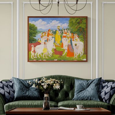 Krishna Among Sacred Cows ? Traditional Indian Miniature Devotional Art Print
