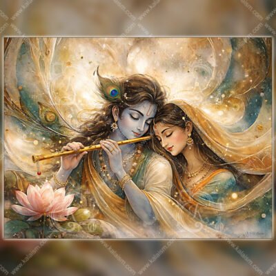 Krishna Radha Flute Wall Art | Abstract Soulful Union with Lotus and Golden Aura