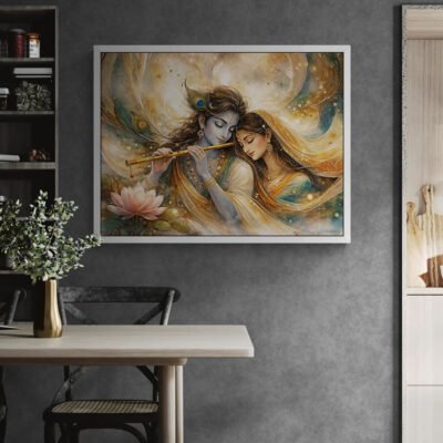Krishna Radha Flute Wall Art | Abstract Soulful Union with Lotus and Golden Aura