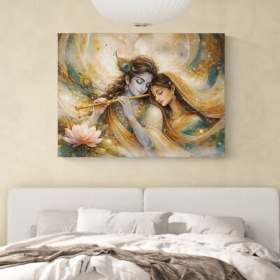 Krishna Radha Flute Wall Art | Abstract Soulful Union with Lotus and Golden Aura