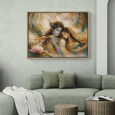 Krishna Radha Flute Wall Art | Abstract Soulful Union with Lotus and Golden Aura