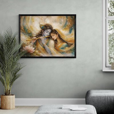 Krishna Radha Flute Wall Art | Abstract Soulful Union with Lotus and Golden Aura