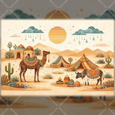 Kutch Desert Folk Art Print – Minimal Indian Boho Illustration with Camel and Cattle