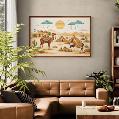 Kutch Desert Folk Art Print – Minimal Indian Boho Illustration with Camel and Cattle