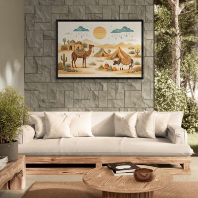 Kutch Desert Folk Art Print – Minimal Indian Boho Illustration with Camel and Cattle