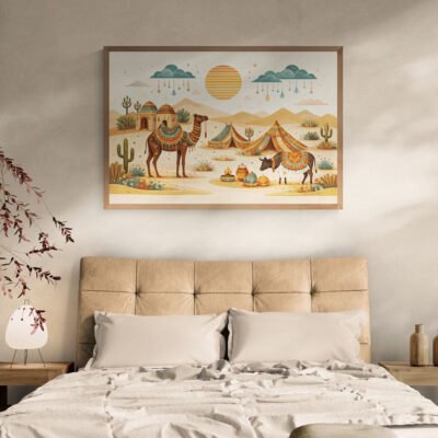 Kutch Desert Folk Art Print – Minimal Indian Boho Illustration with Camel and Cattle