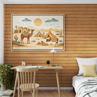 Kutch Desert Folk Art Print – Minimal Indian Boho Illustration with Camel and Cattle