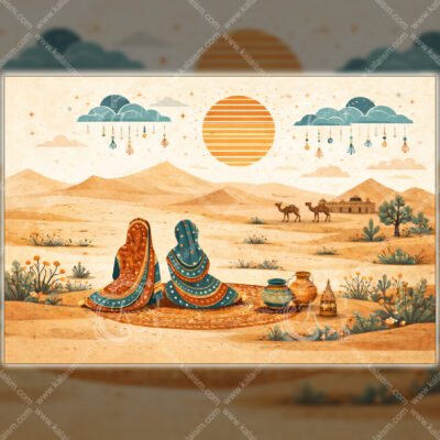 Kutch Desert Women Folk Art Print – Minimal Indian Boho Landscape Illustration