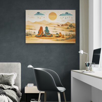 Kutch Desert Women Folk Art Print – Minimal Indian Boho Landscape Illustration