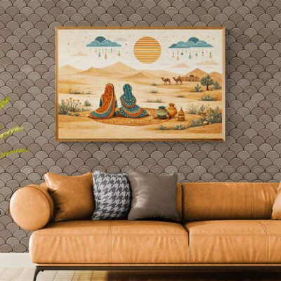 Kutch Desert Women Folk Art Print – Minimal Indian Boho Landscape Illustration