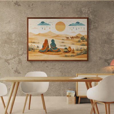 Kutch Desert Women Folk Art Print – Minimal Indian Boho Landscape Illustration