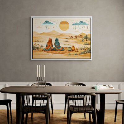 Kutch Desert Women Folk Art Print – Minimal Indian Boho Landscape Illustration