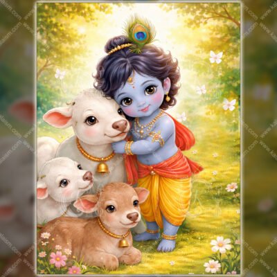Little Krishna with cows pastel illustration, cute baby Krishna hugging calves in a sunny meadow, devotional Hindu nursery wall art.